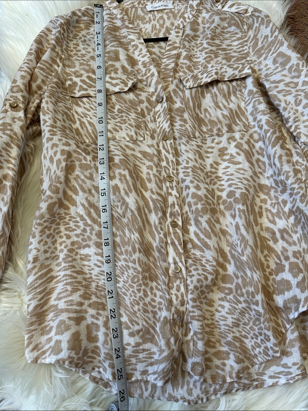 Calvin Klein Tan and Cream Animal-Print Button-Down Linen Shirt Size Medium - Picture 6 of 7